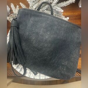 Women’s Nicoli Blue Grey Leather Embossed Crossbody Purse with Tassel